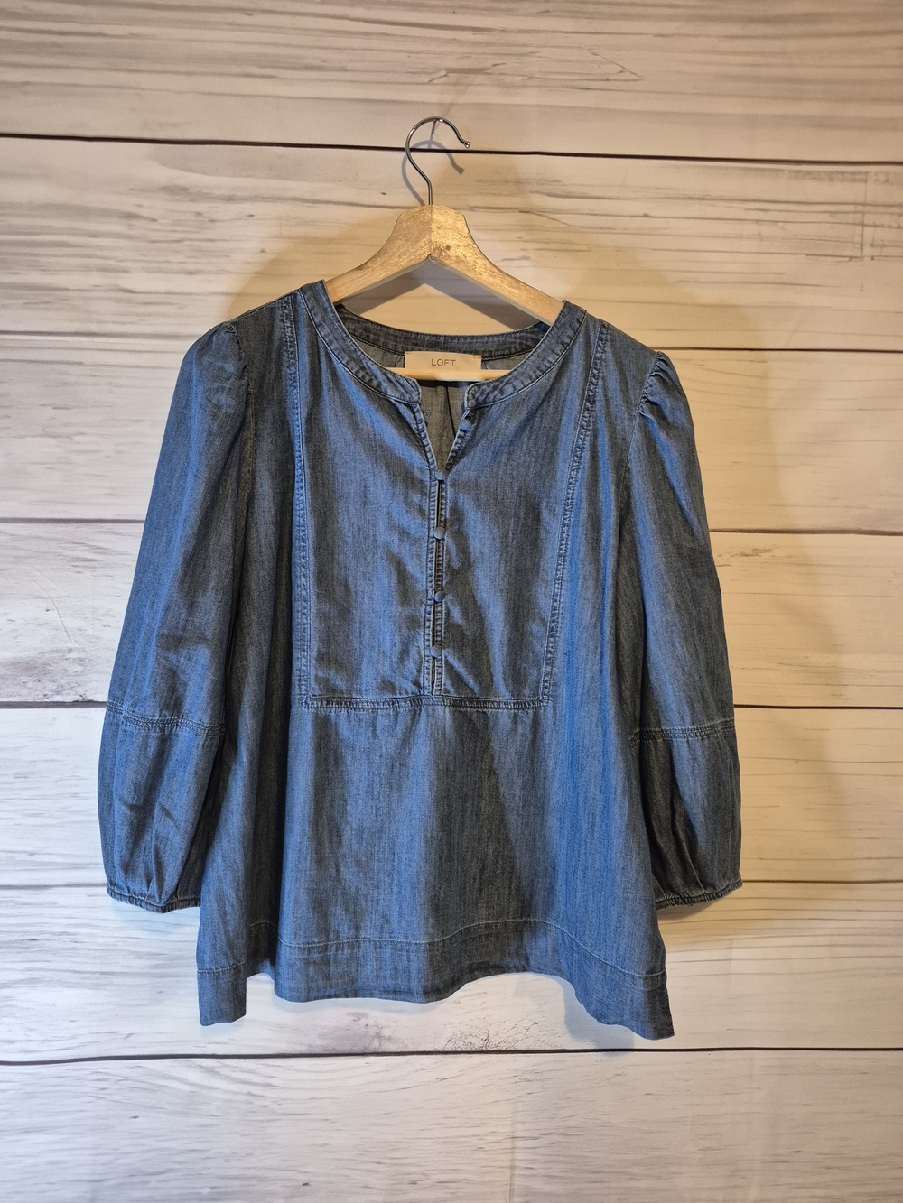 LOFT Blue Denim Peasant Top With Button Detail Medium